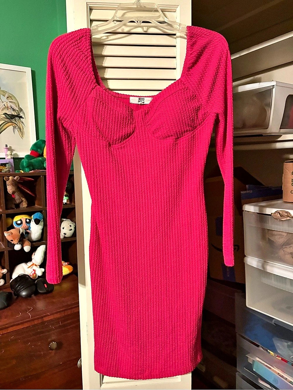 Madden NYC Long Sleeve Textured Bodycon Dress Pink Medium
